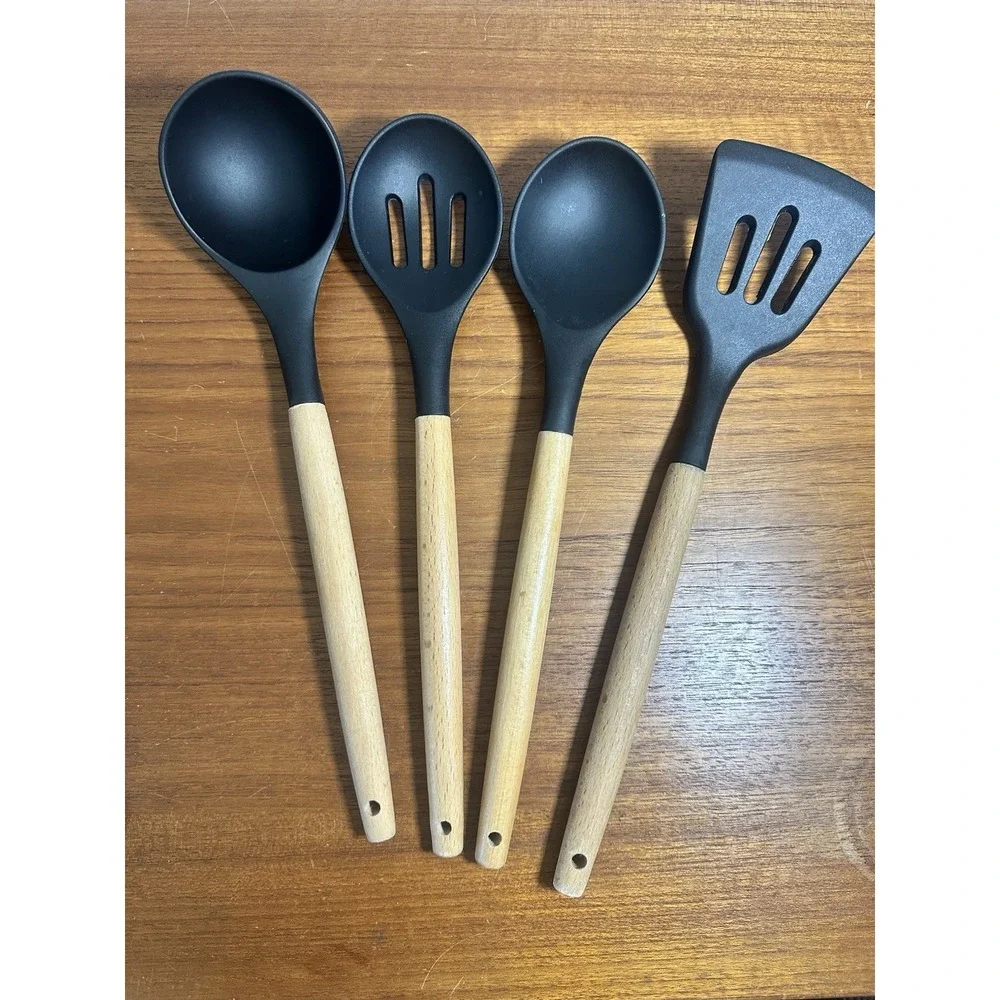 Cooking Utensils Set of 4 Silicone Kitchen Utensils with Wooden Handle,